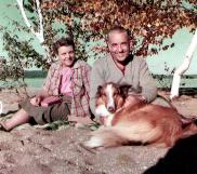 Howard, Helen, and their Collie at their cabin in Northern Michigan, 1956